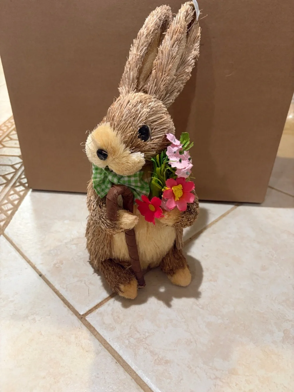 Michaels Brown Straw Bunny with Pink & Red Flower Bouquet